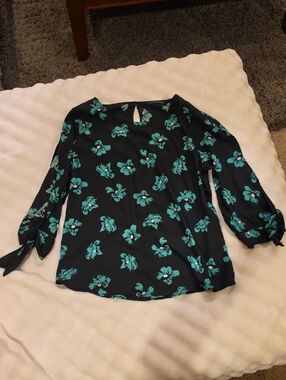 West Key Black Blouse with Teal Floral Print and Tie Cuffs